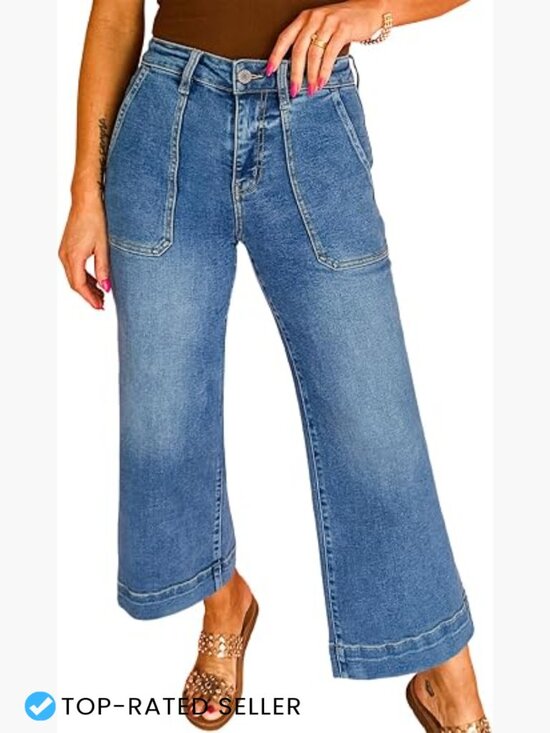 Denim - Stretchy Wide Leg High Waisted Jeans Tummy Control Cropped Ankle Denim Pants